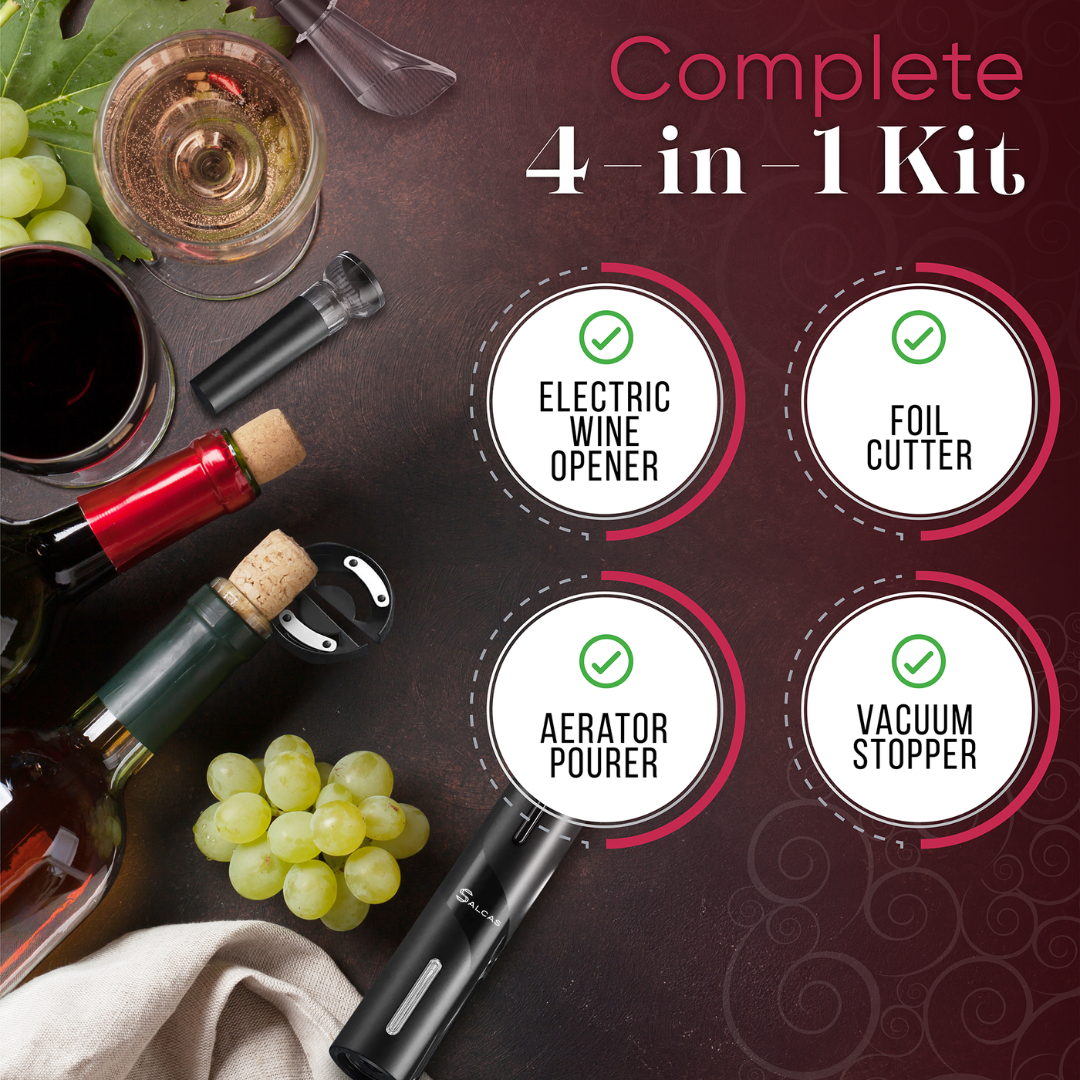 Electric Wine Opener Set with Foil Cutter, Aerator Pourer, and Vacuum Stopper - Automatic, Battery Operated Corkscrew Remover- Gift for Wine Lovers, Home, Kitchen, Party, and Wedding