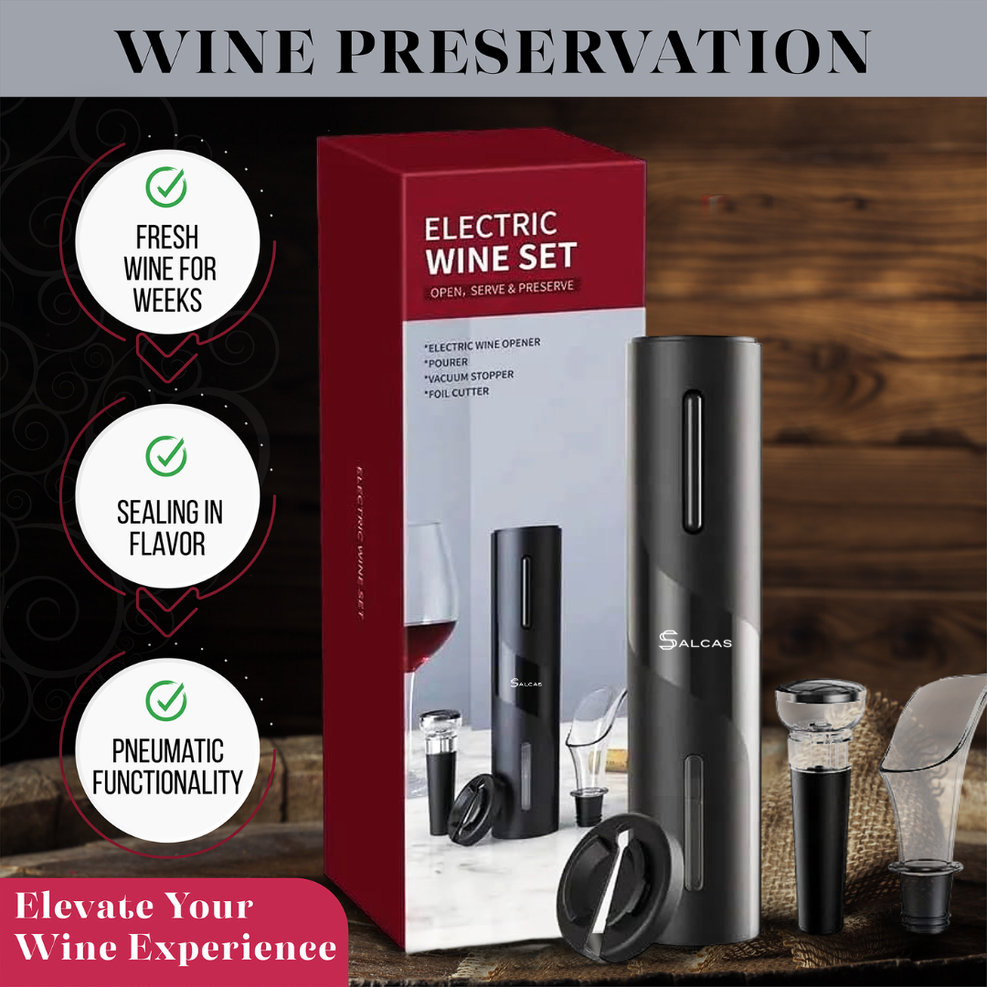 Electric Wine Opener Set with Foil Cutter, Aerator Pourer, and Vacuum Stopper - Automatic, Battery Operated Corkscrew Remover- Gift for Wine Lovers, Home, Kitchen, Party, and Wedding